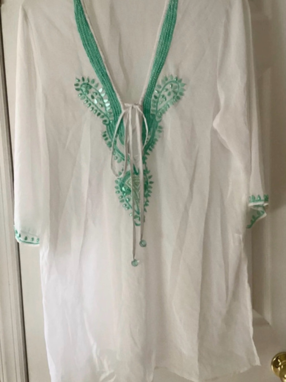 blue island White Tunic with Mint Green Embroidery